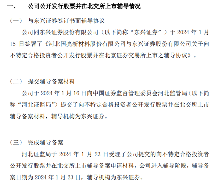 国亮新材向河北证监局提交了向不特定合格投资者公开发行股票并在